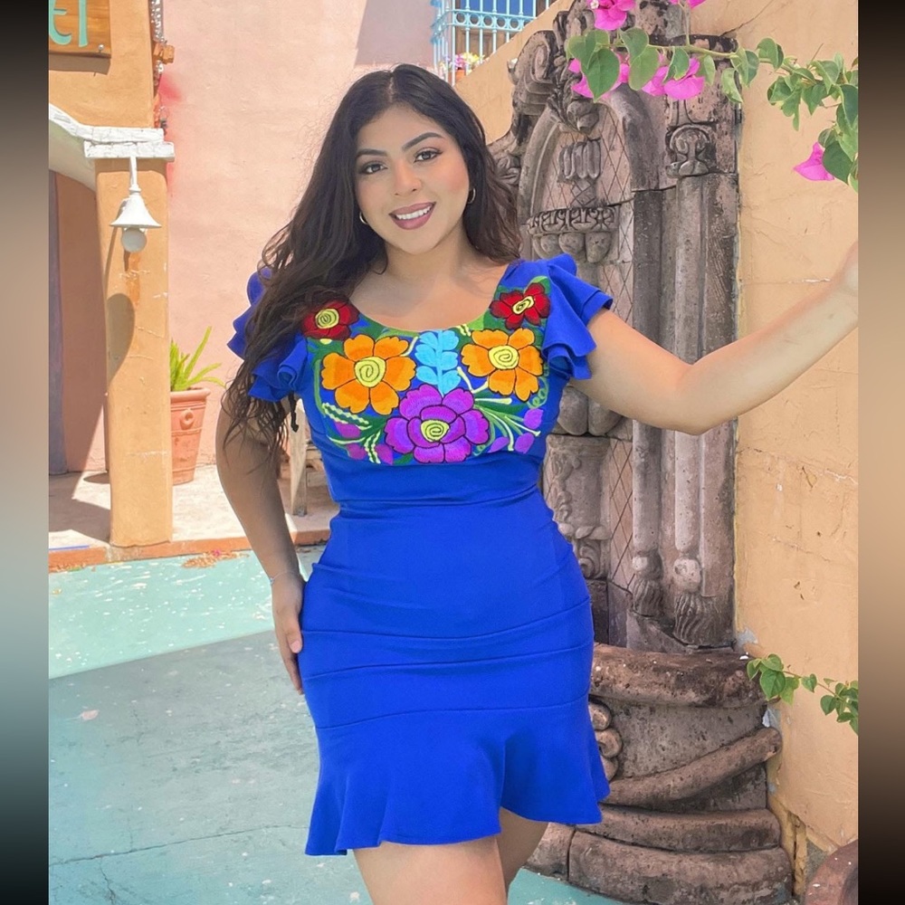Mexican inspired Blue Floral Mini Dress - size large